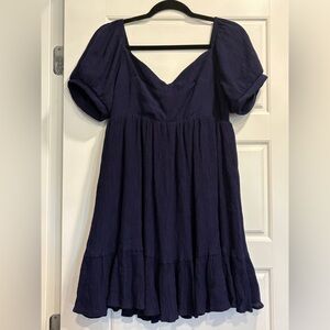 Lulus Florentine Fantasy Navy Blue Puff Sleeve Babydoll Mini Dress Womens Large